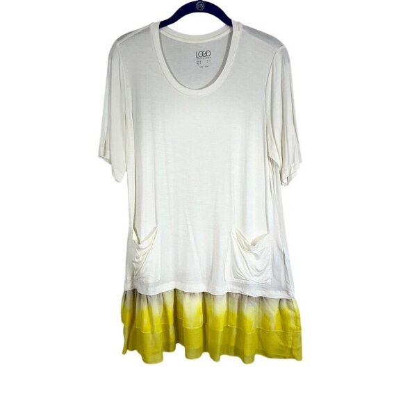 Logo Tops - Logo Top M Yellow Tunic Ombre Tie Dye Ruffle Sporty Feminine 80s Hippie Indie